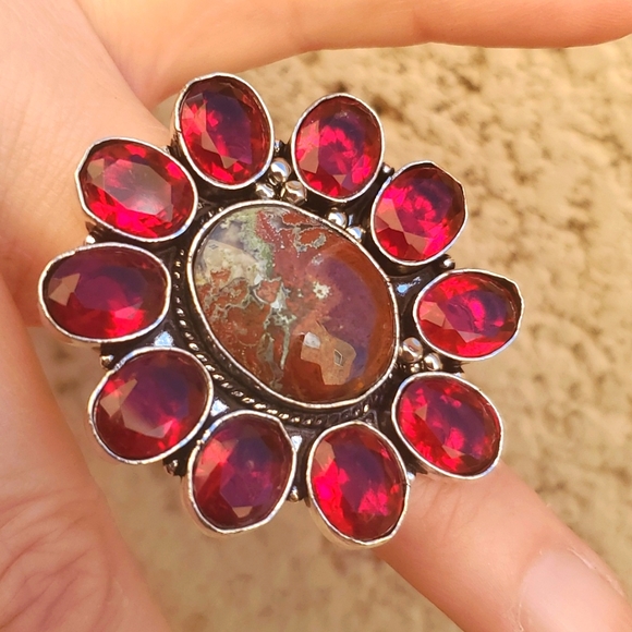 New Oversized Seam Agate and Garnet 925 Silver Statement Ring. - Picture 15 of 16